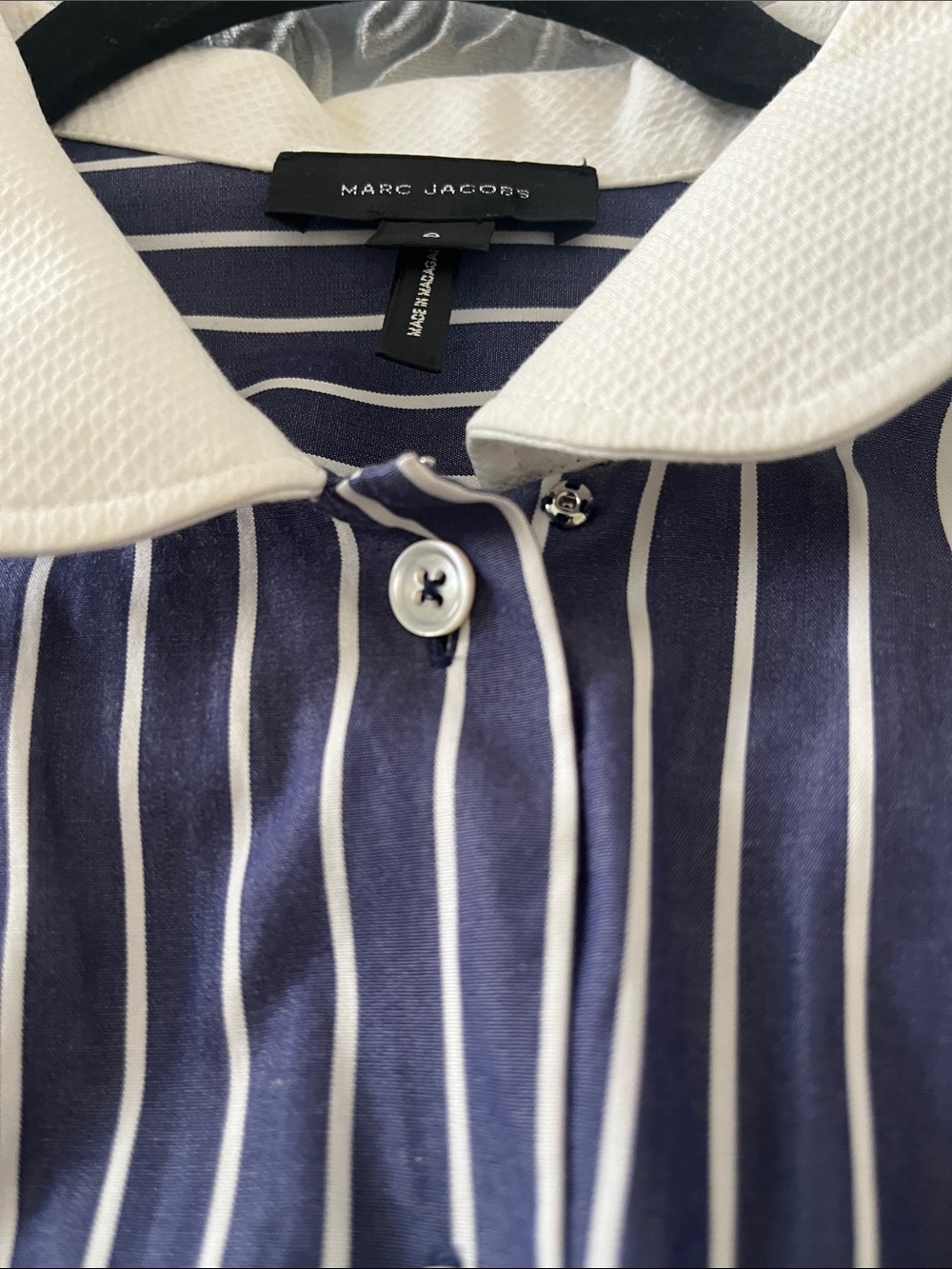 Striped Navy Button-Down Shirt with Contrast White Collar French cuffs oversized - Picture 4 of 13